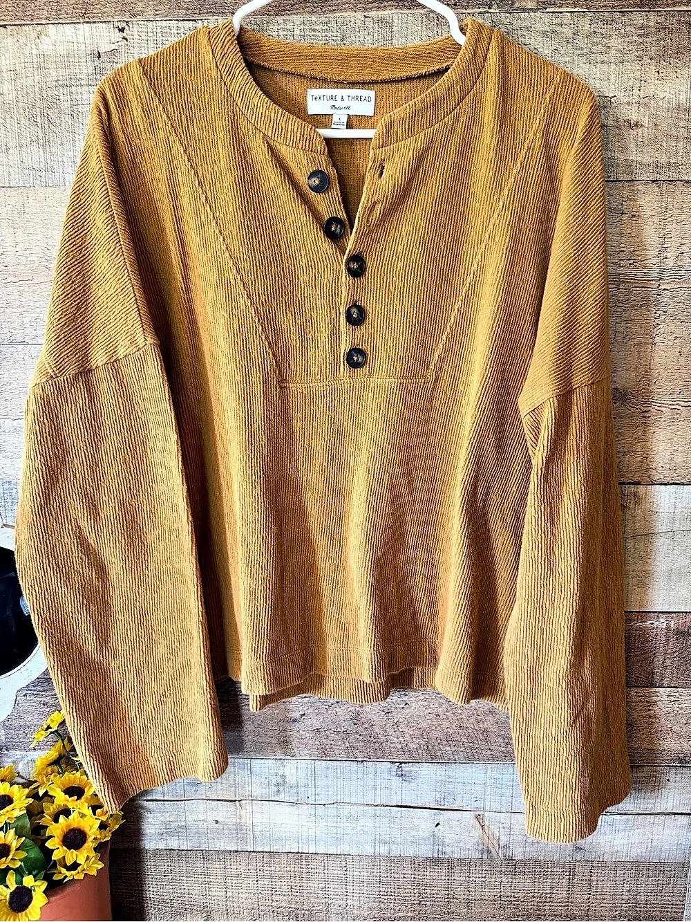 Texture & Thread Mustard Textured Henley Top - Picture 2 of 7